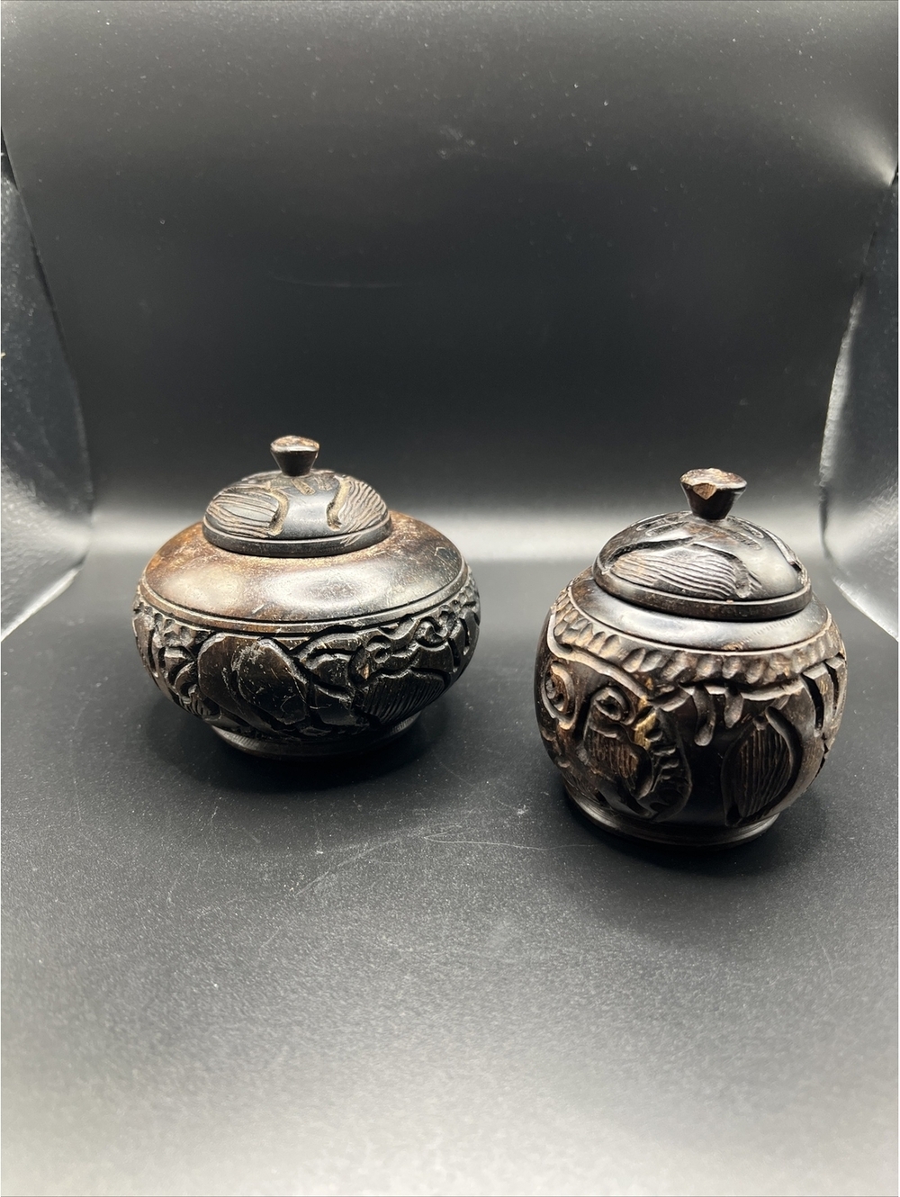 African Theme With Elephants And Rhinos Hand Carved Wooden Bowls With Lids
